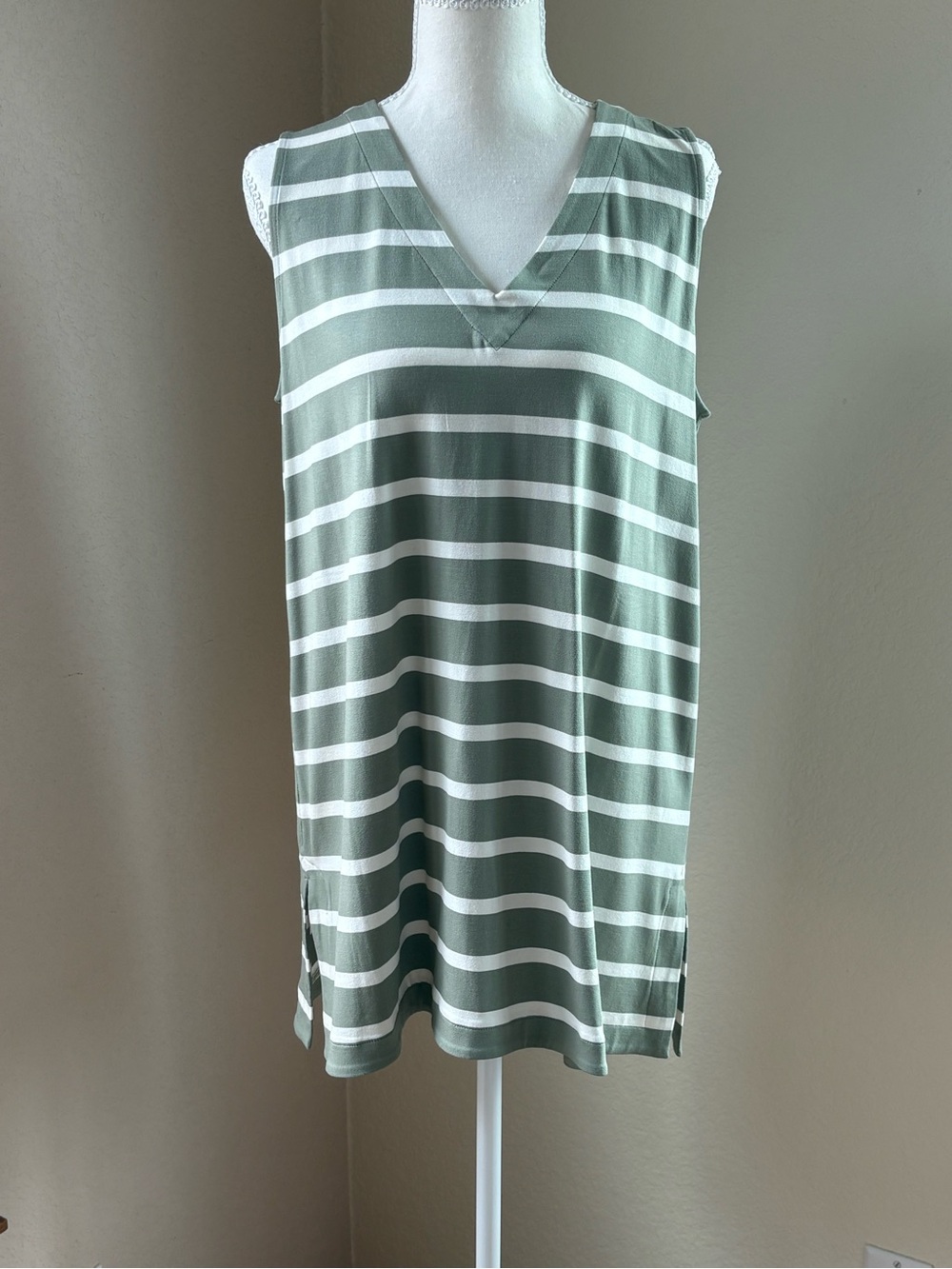 J.Jill Sleeveless Sage Green & White Stripe V-Neck Tunic Top